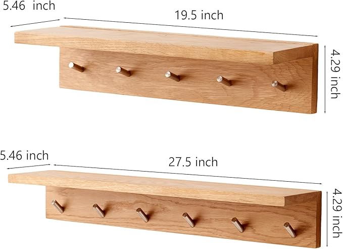 Oak Wood Wall Shelf with 5 Hooks, Entryway Shelf Coat Rack with Hooks Floating Shelves with Hooks for Clothes Hats Towel Purse Robes, Bathroom Mudroom Bedroom (20 inch)